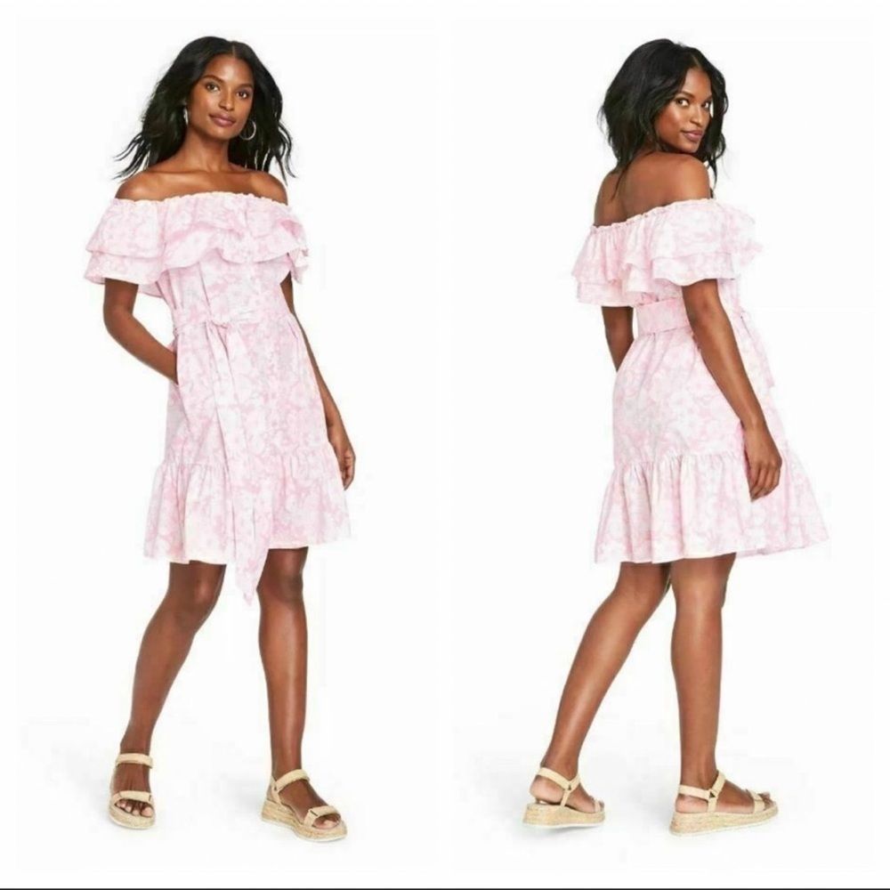 Lisa Marie Fernandez Pink Floral Ruffle Dress, Women’s Size M, Off-the-shoulder